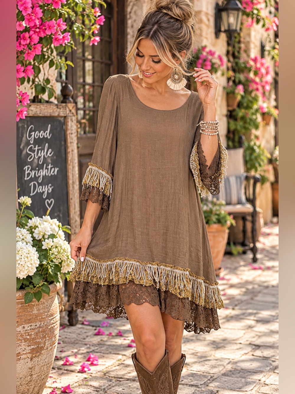 Lady Noiz Brown Lace Fringe Boho Dress Large Cottagecore Festival Tunic